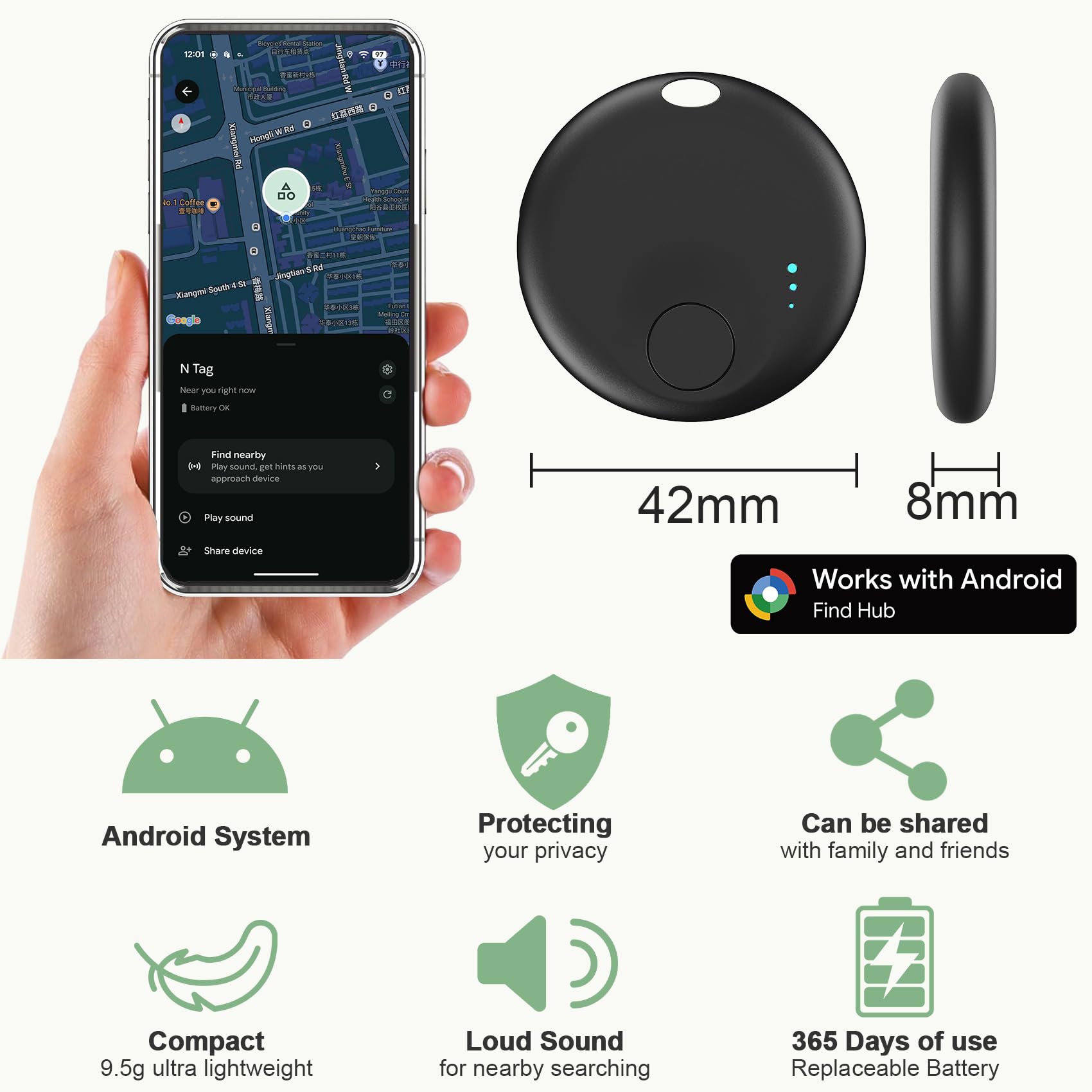 Lot de 2 traqueurs d'air pour Android, lot de 2 étiquettes de suivi Bluetooth compatibles avec l'application Google Find Hub, localisateur de clés intelligent pour clés, portefeuille, sac, bagages