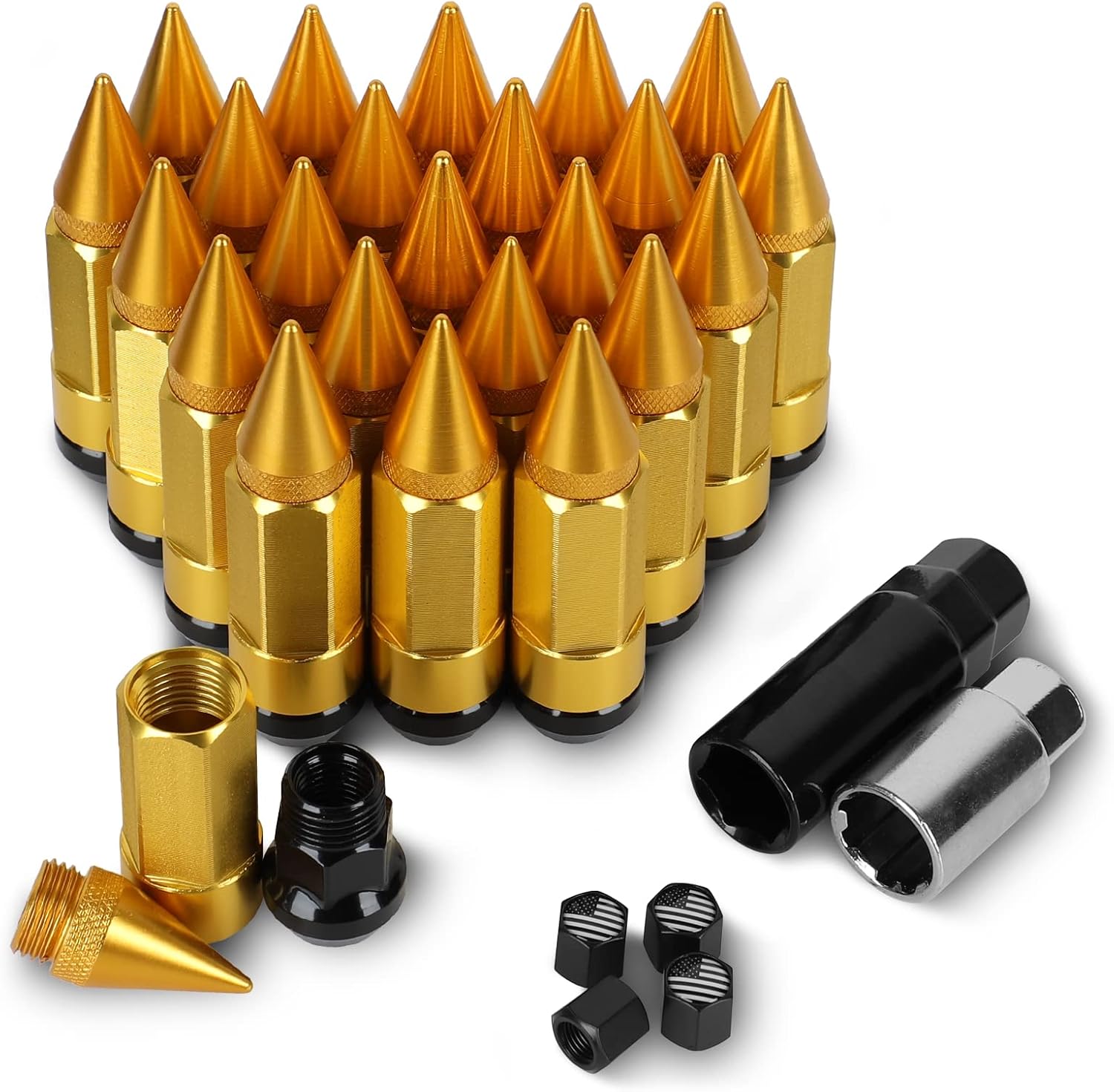 M14x1.5 Anti Theft Wheel Spike Lug Nut 24 PCS Spiked Lug Nuts Spikes Lug Nuts with 2 PCS Socket Keys (Gold)