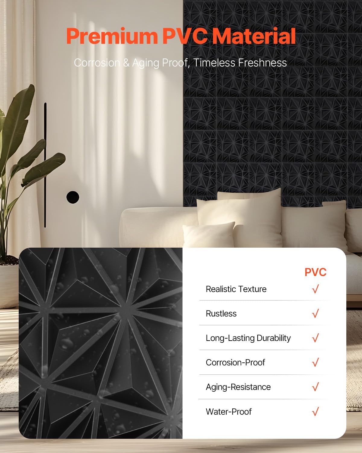 VEVOR 3D Wall Panels, 33-Pack 11.81 x 11.81 in PVC Modern Art Minimalist Diamond Tiles, 32 Sq.Ft Coverage Accent Wall Panel, Interior Home Decor for Ceiling, Bedroom, Living & Gaming Room, Matte Black
