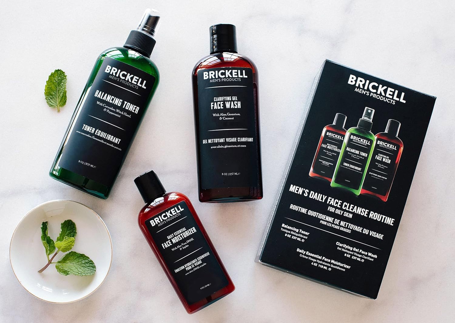 Brickell Men's Products Codzienne oczyszczanie twarzy do tłustej skóry, toner bezalkoholowy, żel do twarzy i nawilżający, naturalny i ekologiczny, pachnący