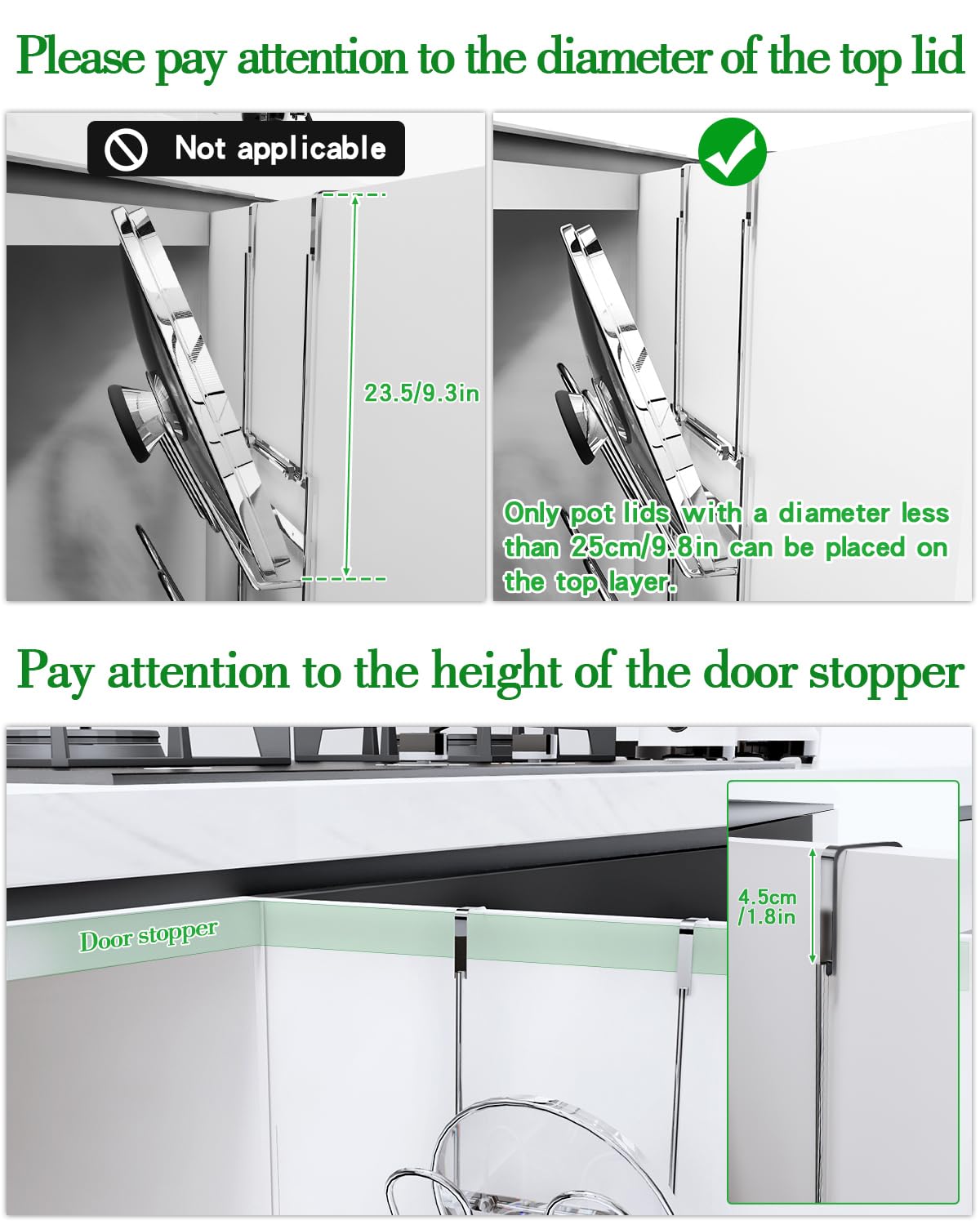 Organizador de tapa de olla de 4 niveles, organizador de tapa de puerta de armario, soporte de tapa de puerta para almacenamiento de tapas de cocina, acero inoxidable resistente y duradero, para
