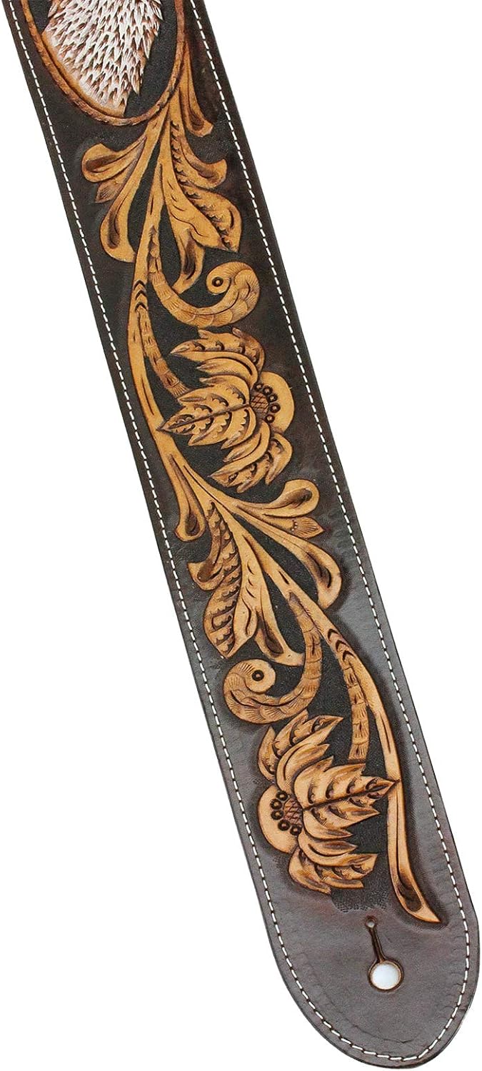 Walker & Williams LC-45 100% Handmade Premium Leather Guitar Strap with Hand Tooled Eagle