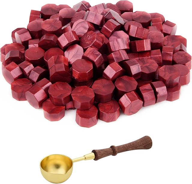 ASTARON 300 Pcs Sealing Wax Beads, 5 Colors Option for Wax Seal Stamp,Octagon Wax Seal Kit with 1 PC Wooden Handle Wax Melting Spoon,Perfect for Invitations Cards Envelopes Wine Packages Gift Wrapping