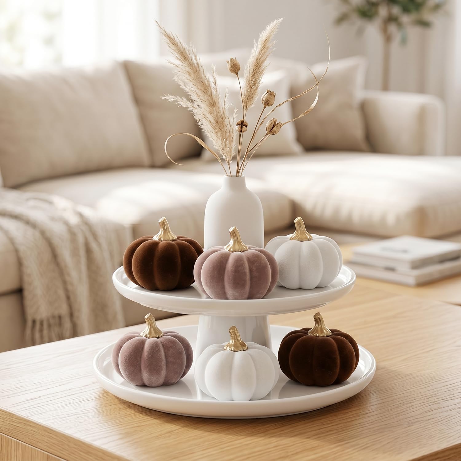 6Pcs White Brown Fall Pumpkin Decor, Small Velvet Flocked Pumpkin Figurine