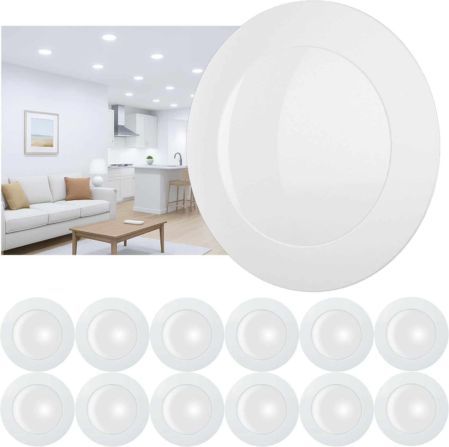 12 Pack 6 Inch LED Disk Lights, Dimmable Flush Mount Ceiling Disc Lights, 5000K Daylight White, 14.8W, 1150LM, UL/FCC/Energy Star, Installs with J-Box or Recessed Can