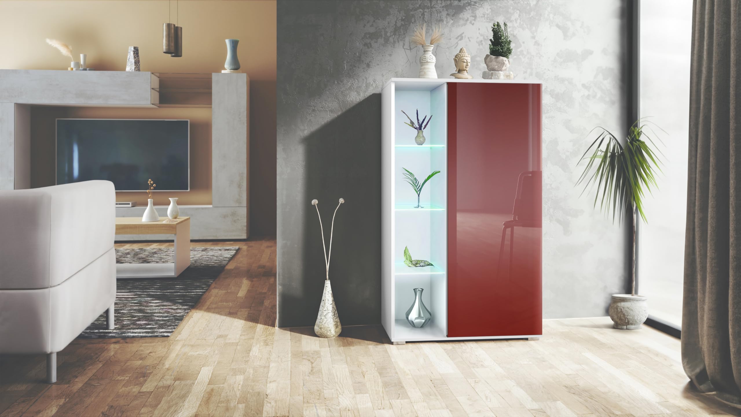 Vladon Vetrina Davos, vetrina indipendente con 3 ripiani in vetro e 8 vani incl. LED, bianco opaco/bordeaux lucido (71,5 x 134 x 35 cm)