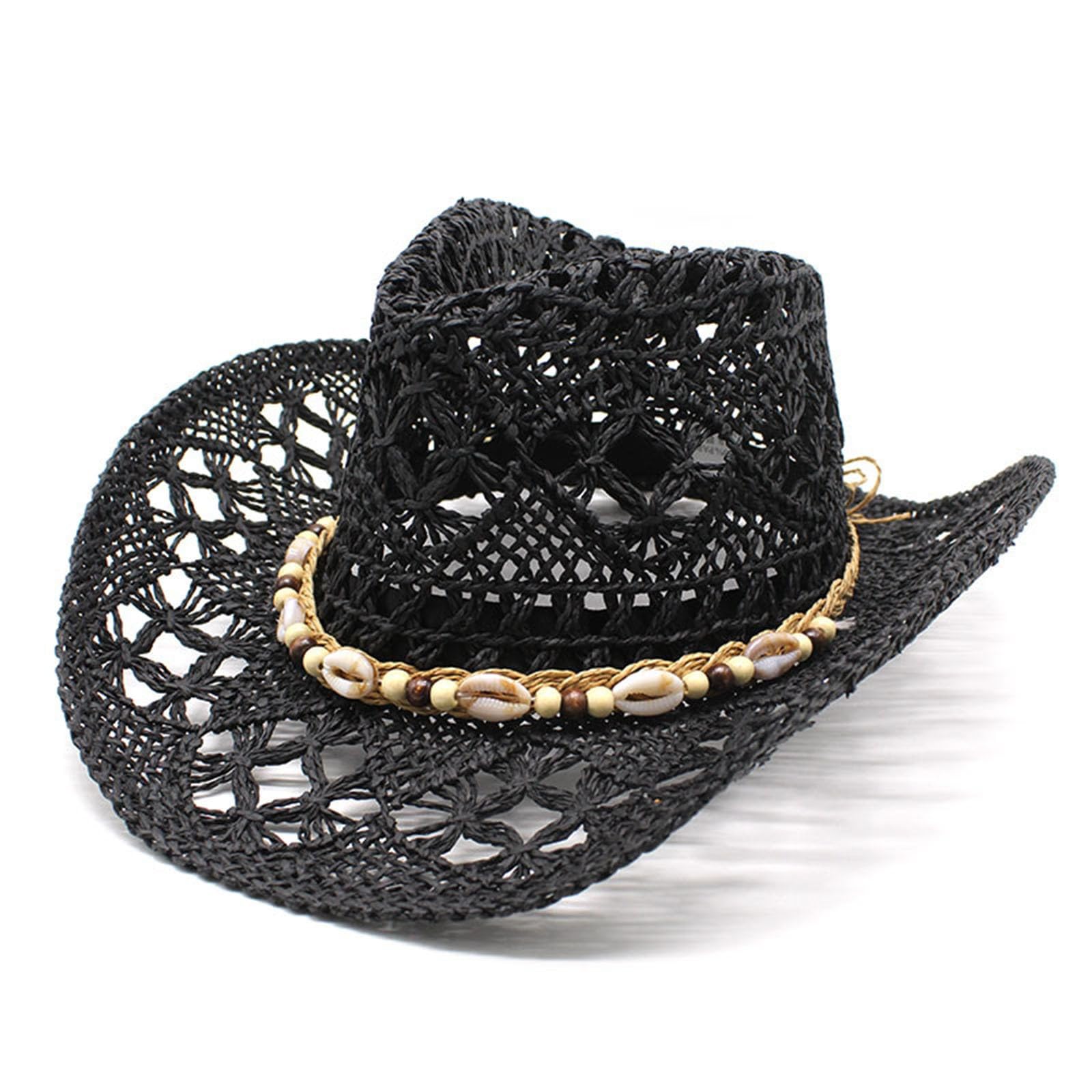 Générique Chapeau de Cowboy Western pour Femme, Chapeau de Paille Malléable, Chapeaux de Soleil Creux et Respirant, Chapeaux de Soleil en Maille Léger, Style Vintage Élégant pour l’Extérieur
