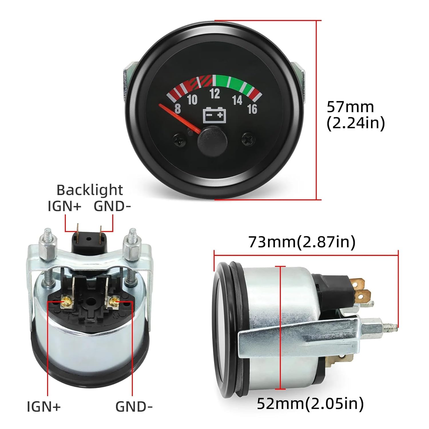 Pointer 52mm Car Gauge DC8-16V,18-32V Voltmeter Generator Voltage Meter Fit for Engine 12V/24V(18-32V)