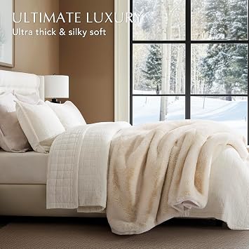 EVERGRACEHOME Luxury Soft Faux Chinchilla Fur Throw Blanket for Couch, Warm Thick Heavy Winter Throw Blanket 1220GSM for Bed, Fluffy Cozy Mink Blanket with Reversible Velvet, Arctic White, 50x60