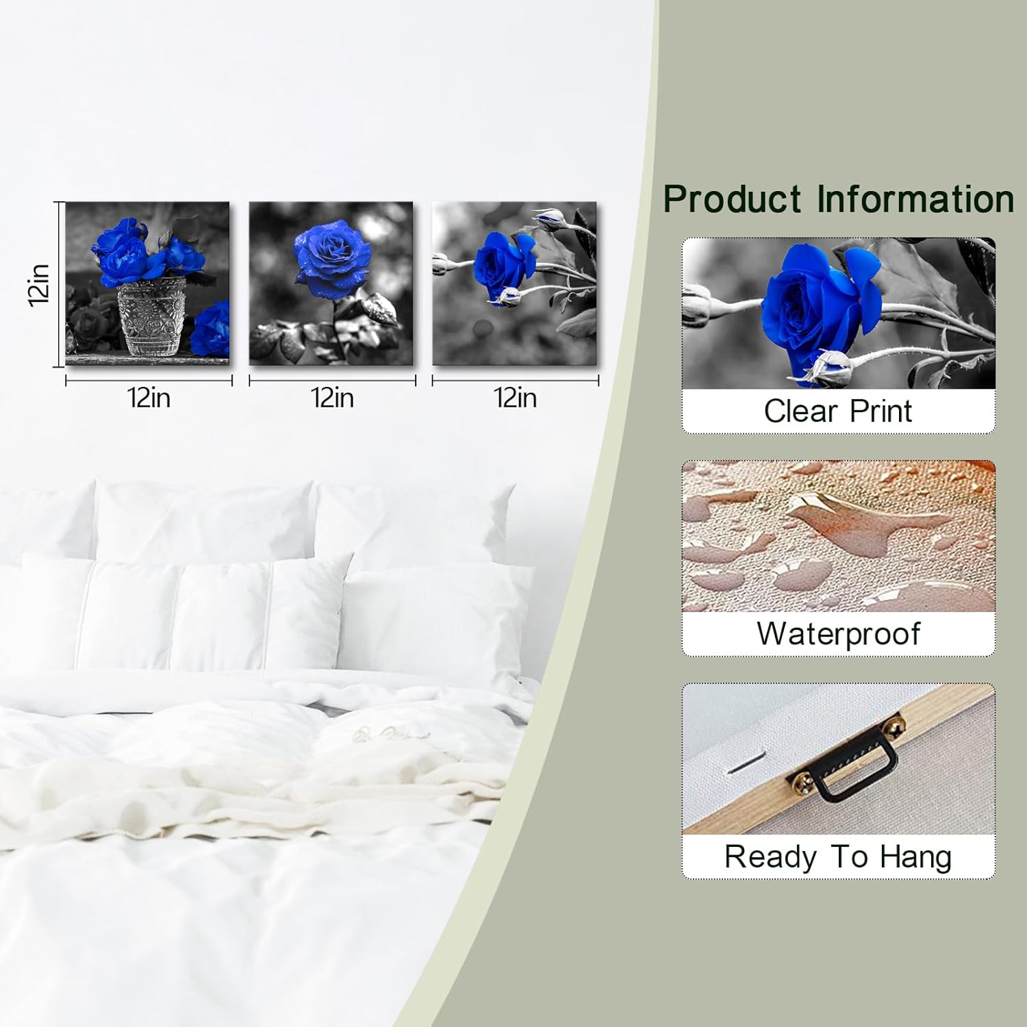 SkenoArt Royal Blue Wall Deocr Blue Rose Wall Art Royal Blue Rose Pictures Artwork for Bathroom Kitchen Bedroom Decoration Ready to Hang 12"x16"x3PCS