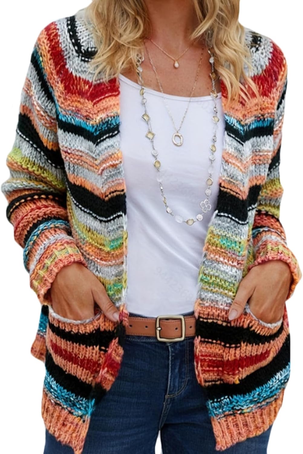 CORIRESHA Women's Open Front Colorful Striped Long Sleeve Pockets Loose Sweater Cardigan