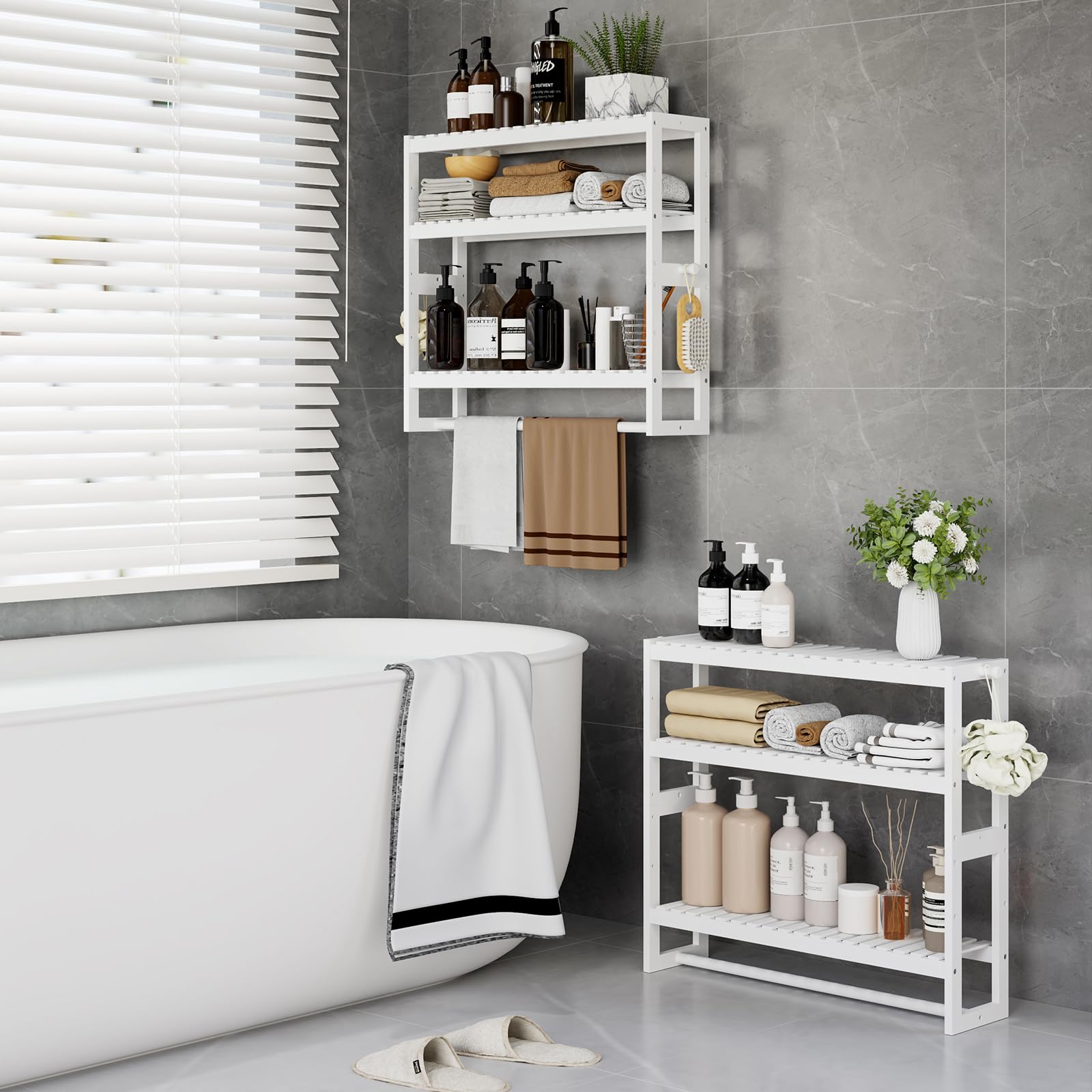 RRX Organizador de almacenamiento de estante de baño, 15 cm de profundidad x 60 cm de ancho x 53,8 cm de alto, organizador de cocina flotante de bambú de 3 niveles ajustable con barra, unidades de
