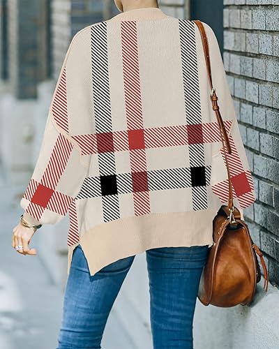 Miniatura 4 de Suéteres casuales para mujer, cuello redondo, manga murciélago, parte superior de punto, abertura lateral, suéter holgado