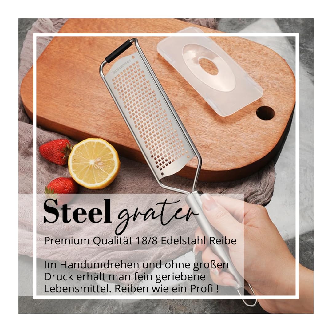 STEELGRATER -Käsereibe,Parmesanreibe,Zitronenreibe mit großer und scharfer Reibeoberfläche aus Premium 100% Edelstahl Stainless Steel rutschfest Robust und Spülmaschinengeeignet
