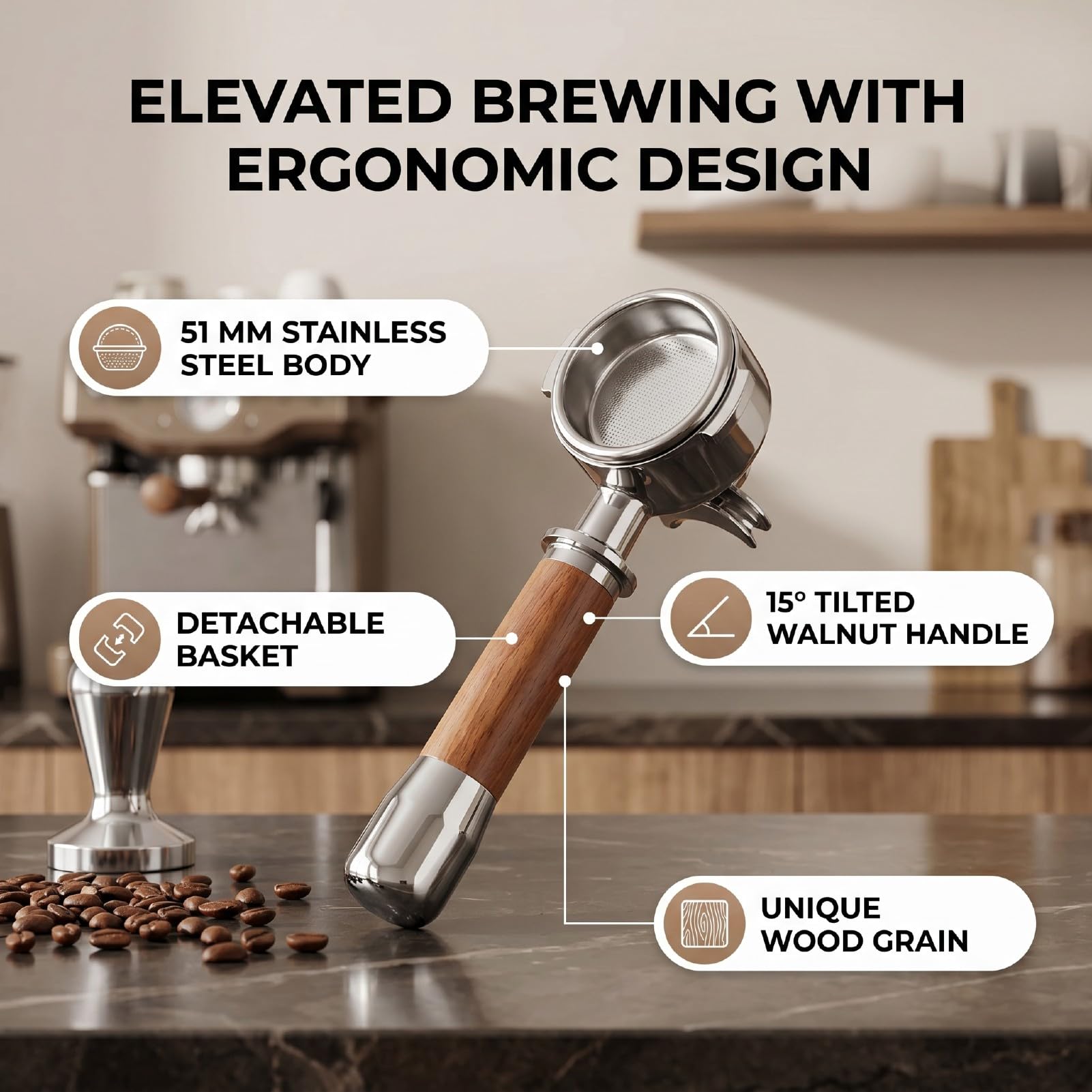 Portafiltro per caffè da 51 Mm, Manico in Legno di Noce (con
