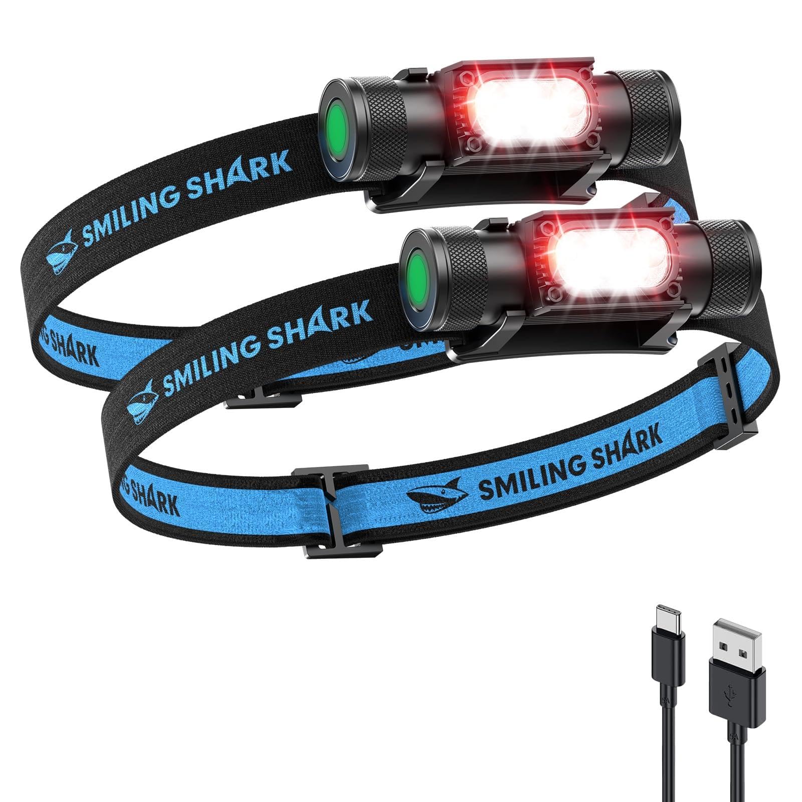Smiling Shark AX-01 LEDヘッドライト【超高輝度・強力マグネット３Way・独立赤色光3段階】釣りヘッドランプ 1150ルーメン 180°照射角度 充電式 2600mAh 長持ち IP66防水 アルミ 超軽量 収納ボックス付き 多機能 ネックライト ワークライト アウトドア 釣り アジング エギング キャンプ・登山・作業・防災用 日本語取扱説明書 (二個入り)