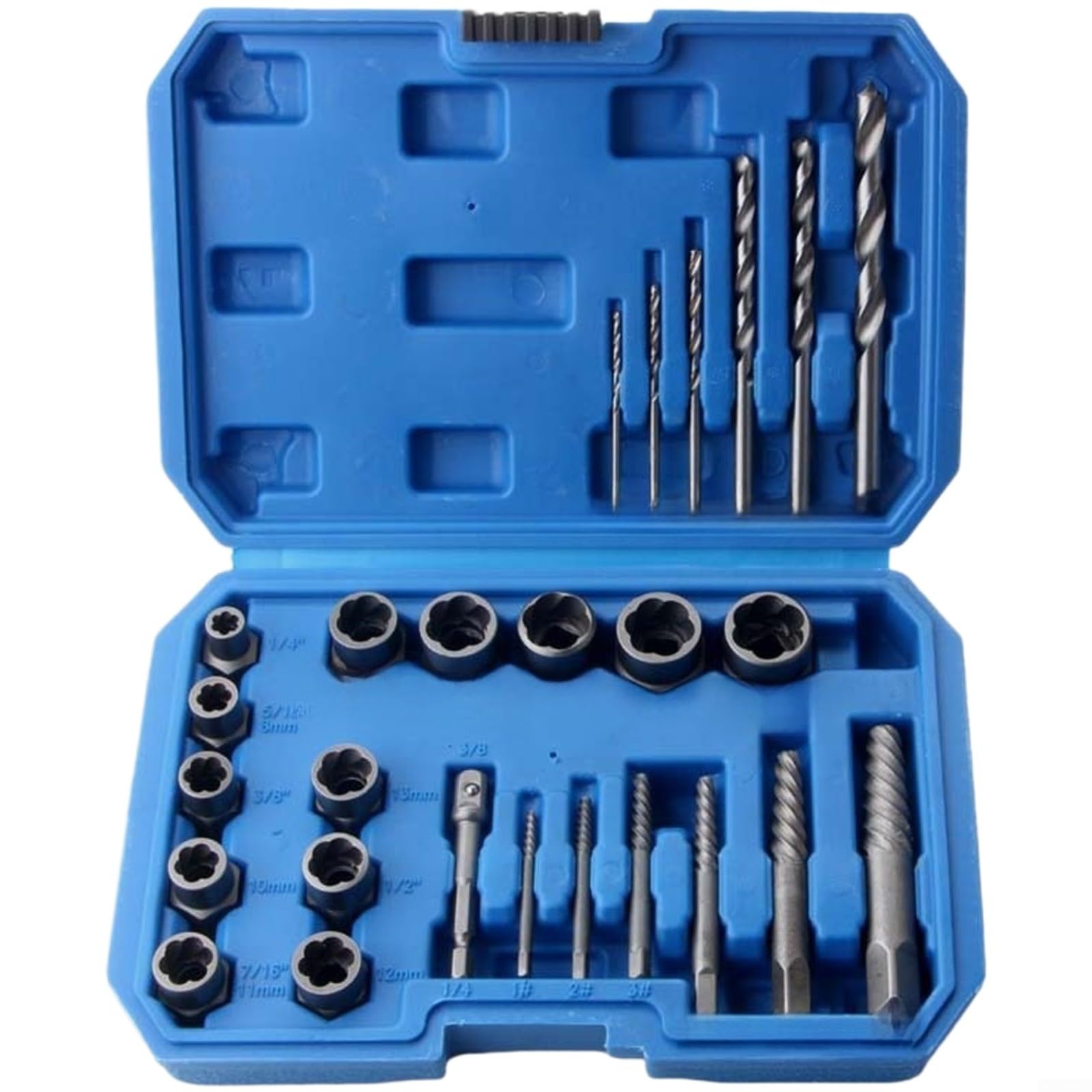 Set di 26 pezzi di estrattori per viti danneggiate, in acciaio ad alto tenore di carbonio, strumento di rimozione con scatola di immagazzinaggio, blu (B)