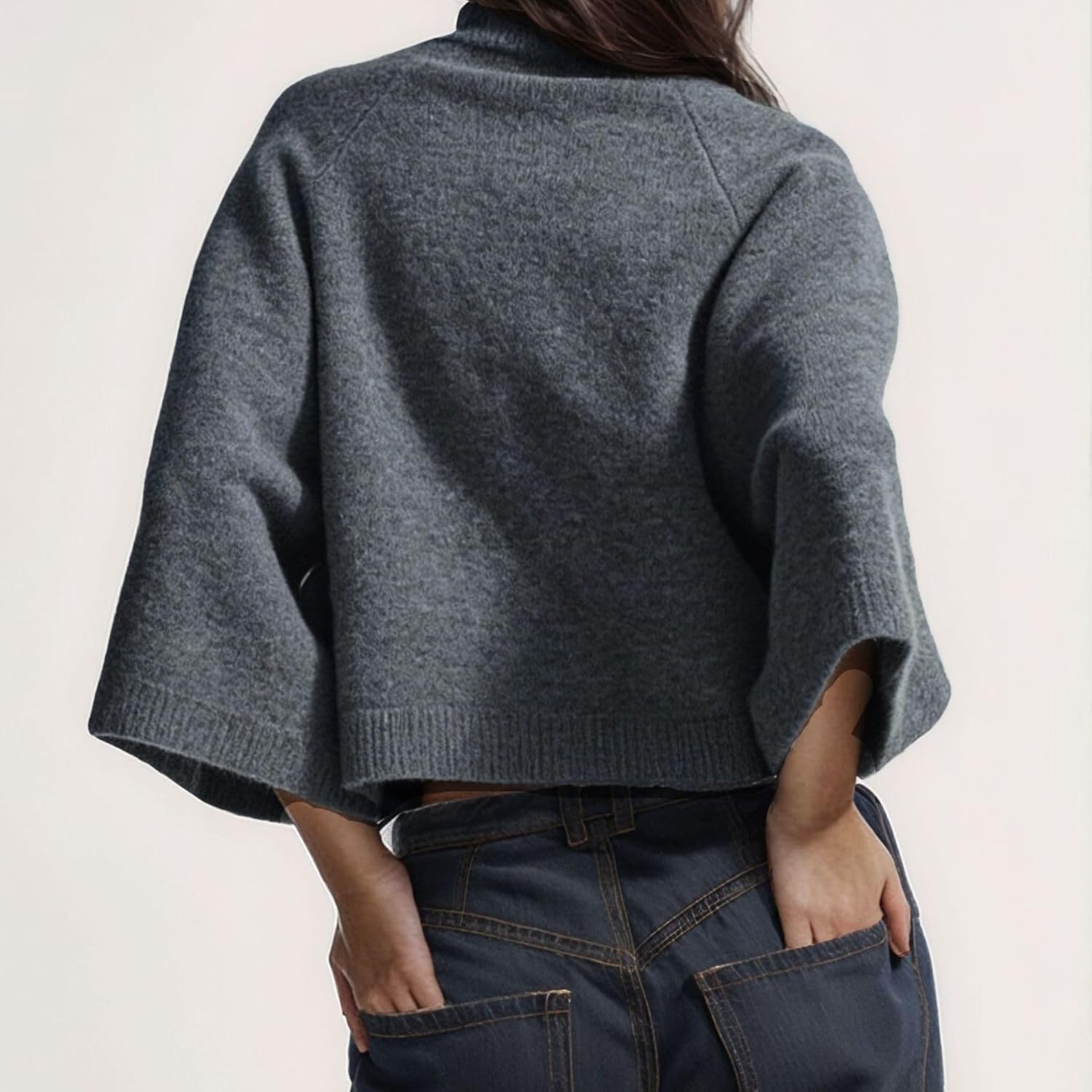 Chevara Women’s Cropped Pullover Sweater Minimalism High Neck Wide Sleeve Solid Color Knitted Jumper Tops