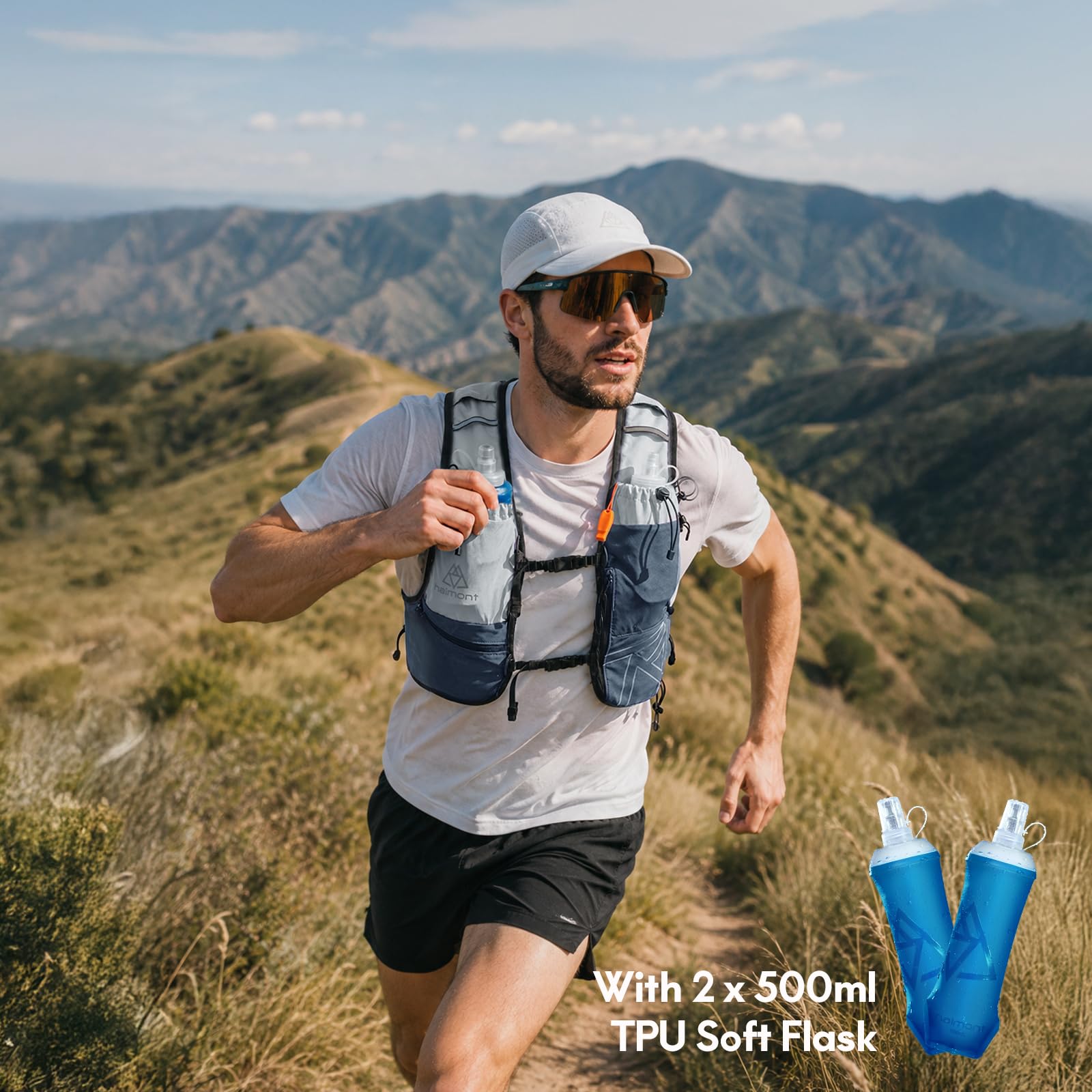 Haimont Gilet da corsa con borracce per donne e uomini, regolabile, leggero, 8 l, con fiaschette morbide, per trail running