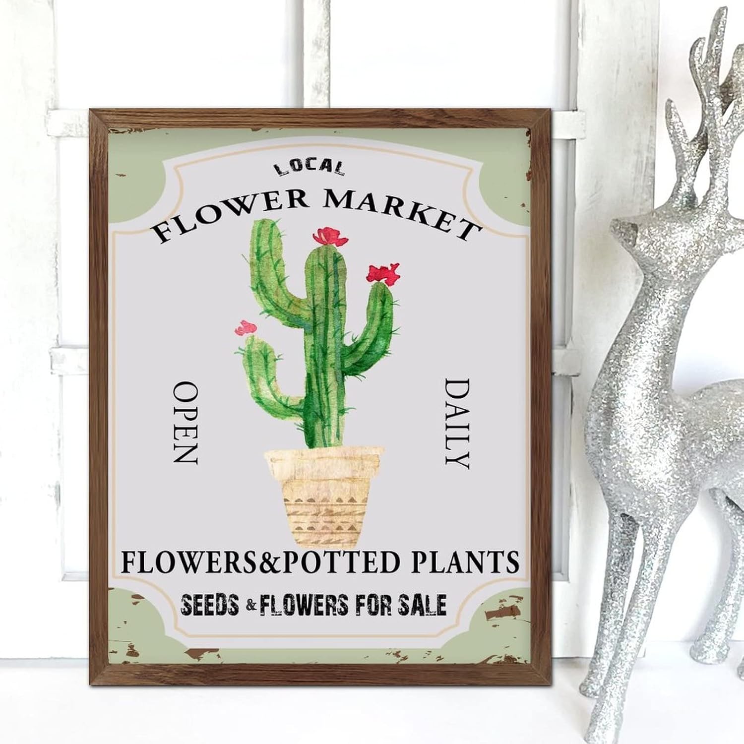 Flower Market Open Daily Wooden Framed Signs Fresh Flower Potted Plants Wood Block Plaque Vintage French Floral Wall Art Home Decoration for Bedroom Living Room Office Outdoor Home 20x16inch