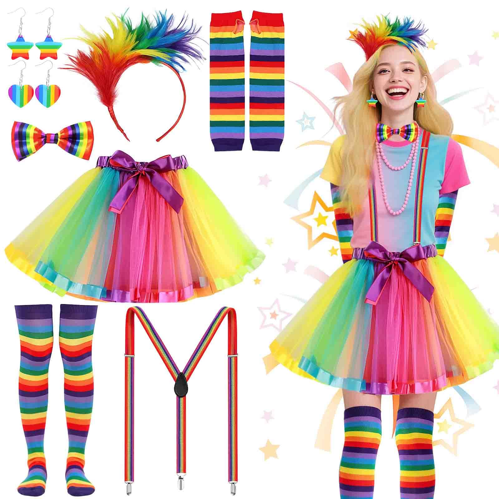 1980s Fancy Dress Rainbow Costume Accessories for Women Unisex Lesbian Rainbow Tutu Skirts Set with Headband Bowtie Earrings Suspender Gloves Socks for Pride Month Parade Gay Party Halloween Outfits
