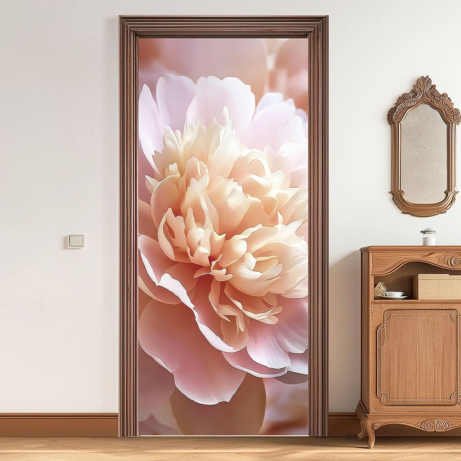 Naklejka na drzwi, samoprzylepna, 80 x 210 cm, plakat z motywem kwiatów - piwonia 3D, zbliżenie, trwała i wodoszczelna, fototapeta, folia na drzwi, jasnoróżowa 3D DIY naklejka na drzwi do toalety