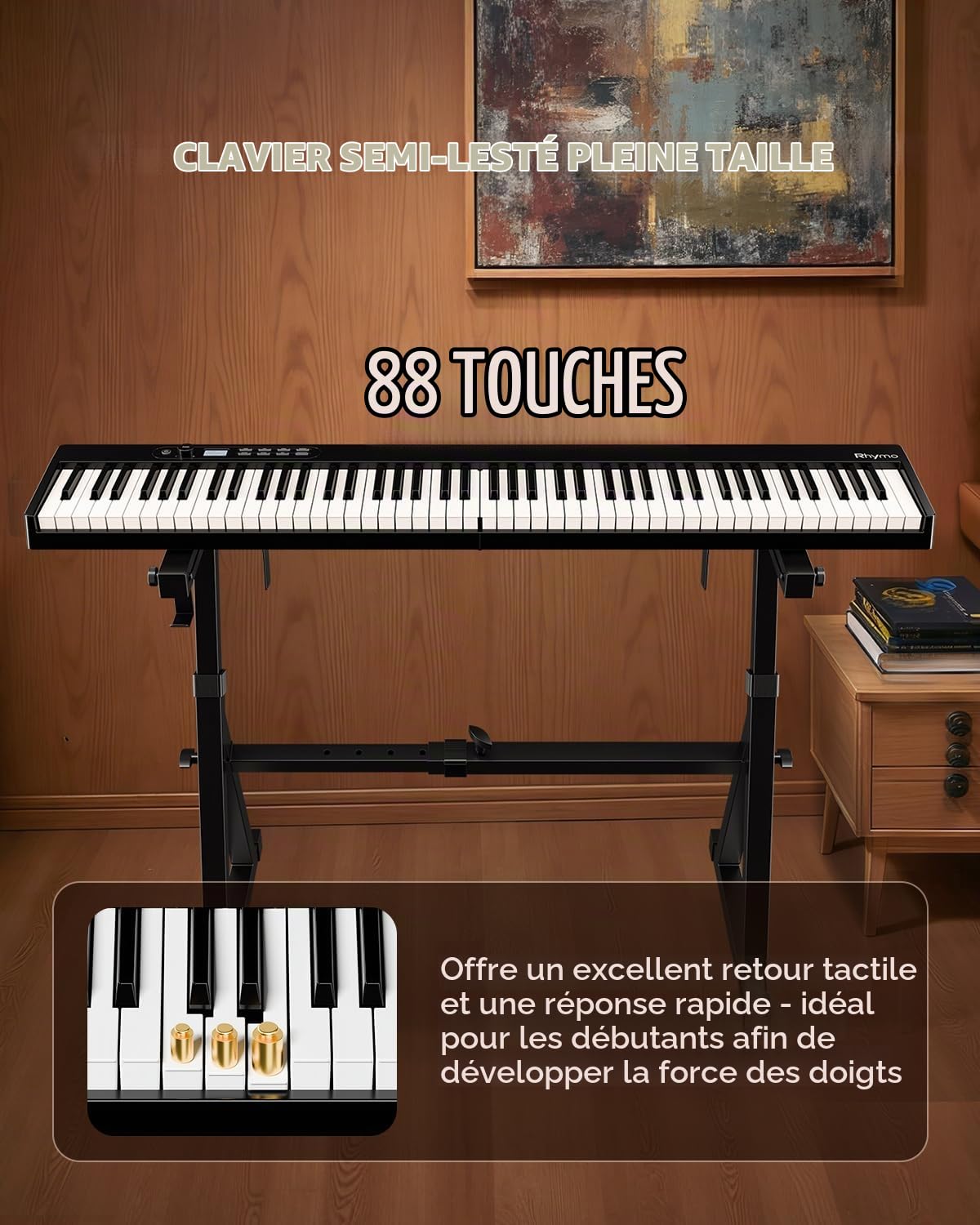 Rhymo Piano Pliant 88 Touches Finition Aspect Bois avec Pédale Sustain