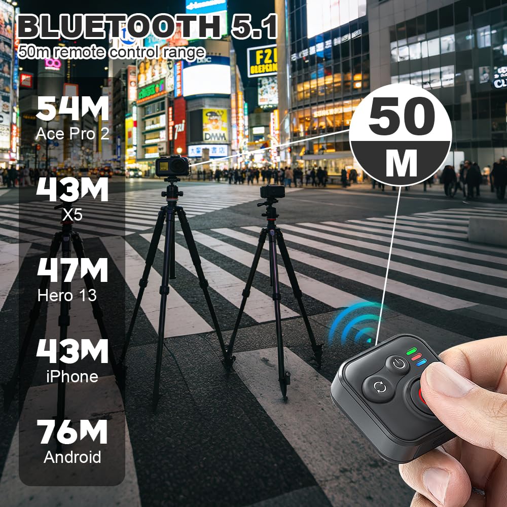 Bluetooth Fernbedienung für Insta360 X5/X4/X3/X2/Ace Pro 2/Ace Pro/GO3S/GO3/GoPro Hero 13/12/11/IOS/Android, Wasserdicht Wireless Smart Fernbedienung mit Handschlaufe, 50M Reichweite, BT5.1