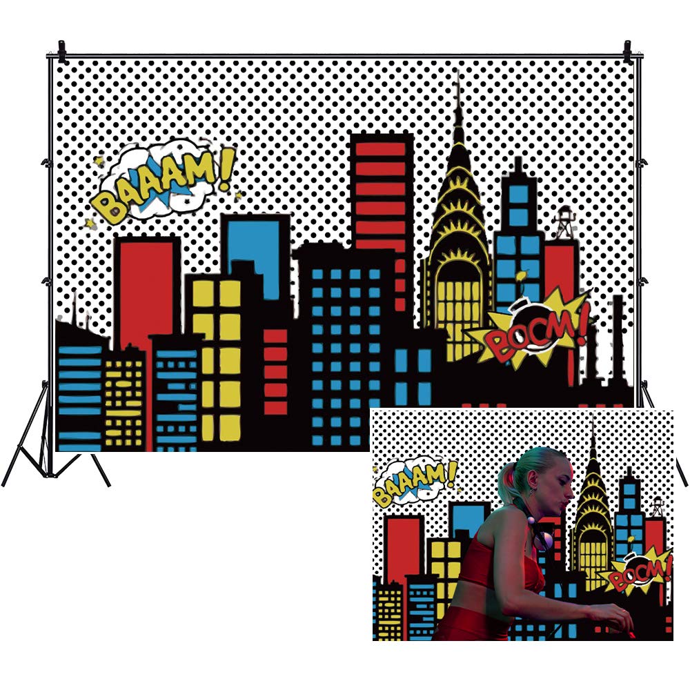 Yeele Cartoon Comic Super Hero City Photography Backdrop, 5x3ft Vinyl Humor Abstract Superhero Baby Shower Photo Background for Girl Birthday Party Photo Video Shoot Studio Prop Wallpaper