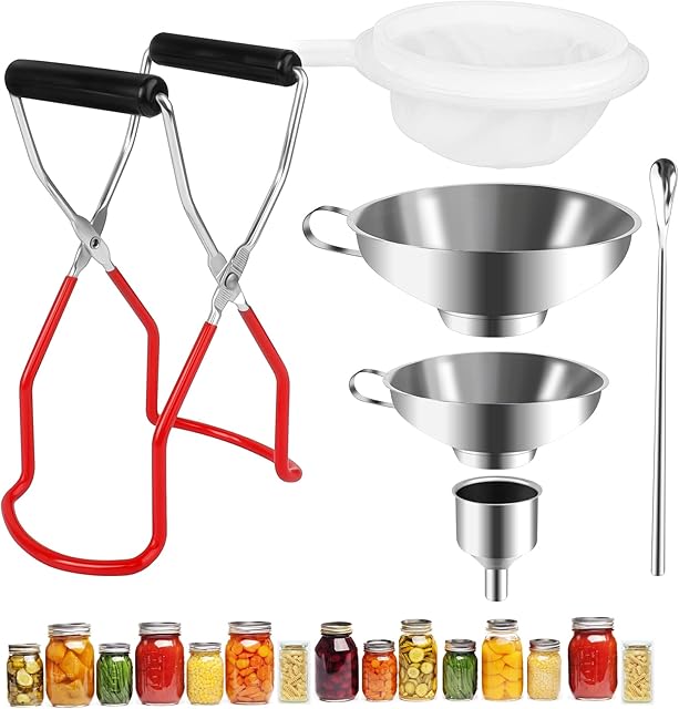 3Pcs Canning Funnels Stainless Steel Funnel Set Wide Mouth Canning Funnels Jam Funnel with 1Pcs Canning Jar Lifter + 1Pcs Filter + 1Pcs Mixing Spoon for Transferring Jam Spices Liquids Beans