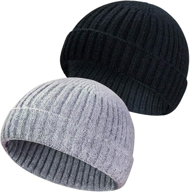 2 Pieces Winter Wool Knit Trawler Beanie Hat Short Fisherman Skullcap Knit Beanie Cap for Men/Women