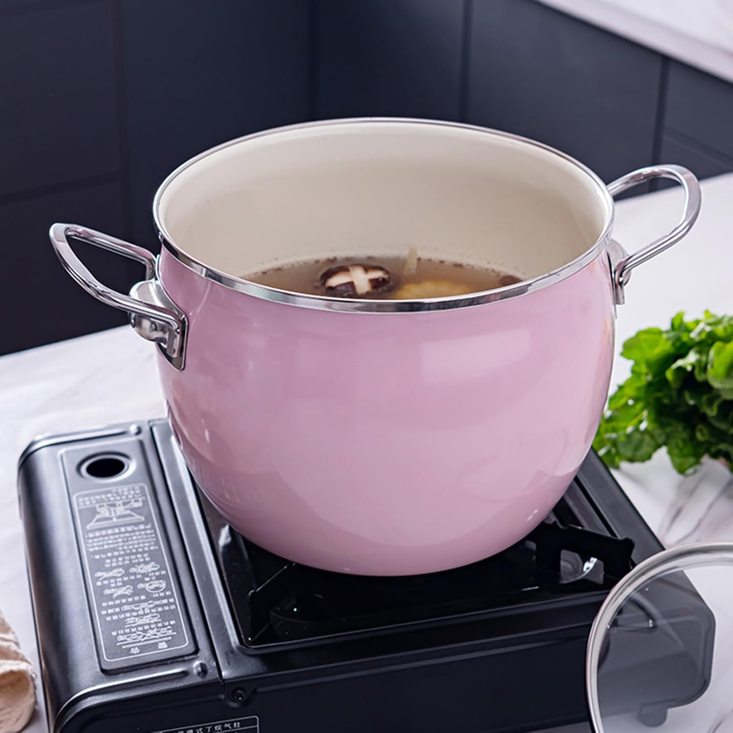 Enamel Stockpot Set with Glass Lid Nonstick Enamel on Steel Stock Pot Enamelware Cooking Pot Large Simmer Pot with Handle for Induction Cookers and Stove,Pink,7inch