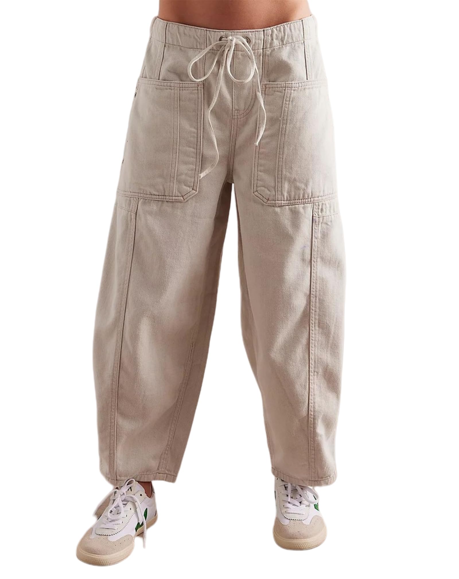 Jeans elasticizzati da donna a vita alta con coulisse e pratiche tasche, bianco, L