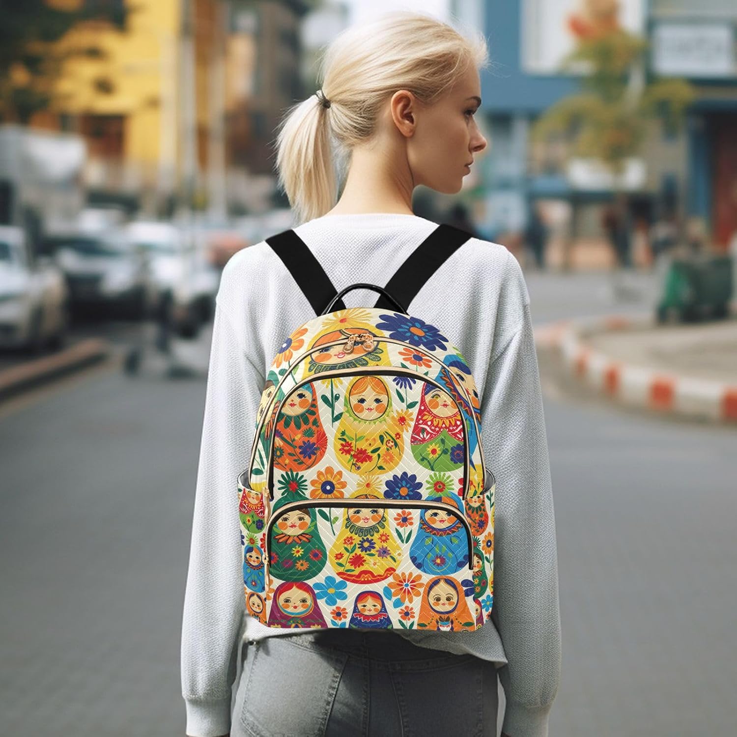 Mini Backpack Purse for Women, Matryoshka Russian Traditional Wooden Doll Travel Bag Casual Daypack Shoulder Bag