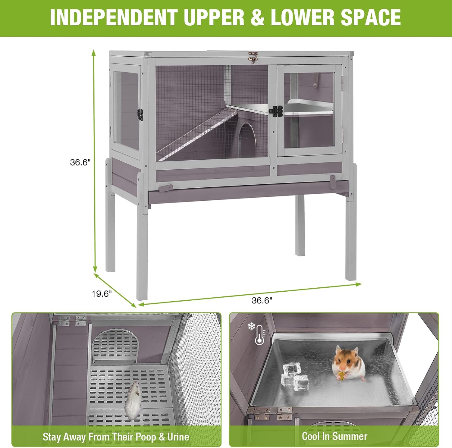 Wooden Guinea Pig Cages Indoor,Two-Story Wooden Rabbit Cage Hutch with Removable Stand and Pull Out Tray, Small Animals Cage Habitat with Ramp and Plastic Mesh(Grey&Purple)