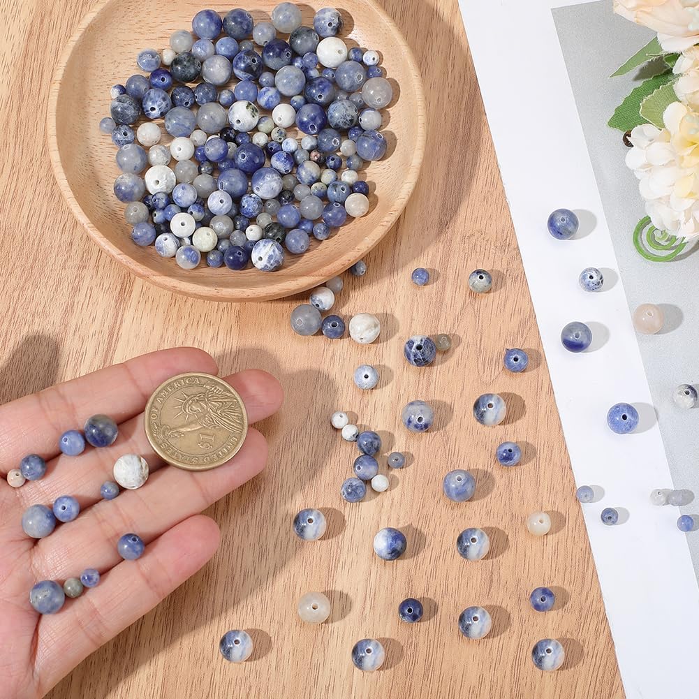 1 Box 198PCS Natural Blue Sodalite Beads with Holes Round Gemstone Blue Patterns Smooth Crystal Loose Spacer Bead Strand for Jewelry Making Bracelet Necklace Earrings DIY Crafts Supplies - Image 3