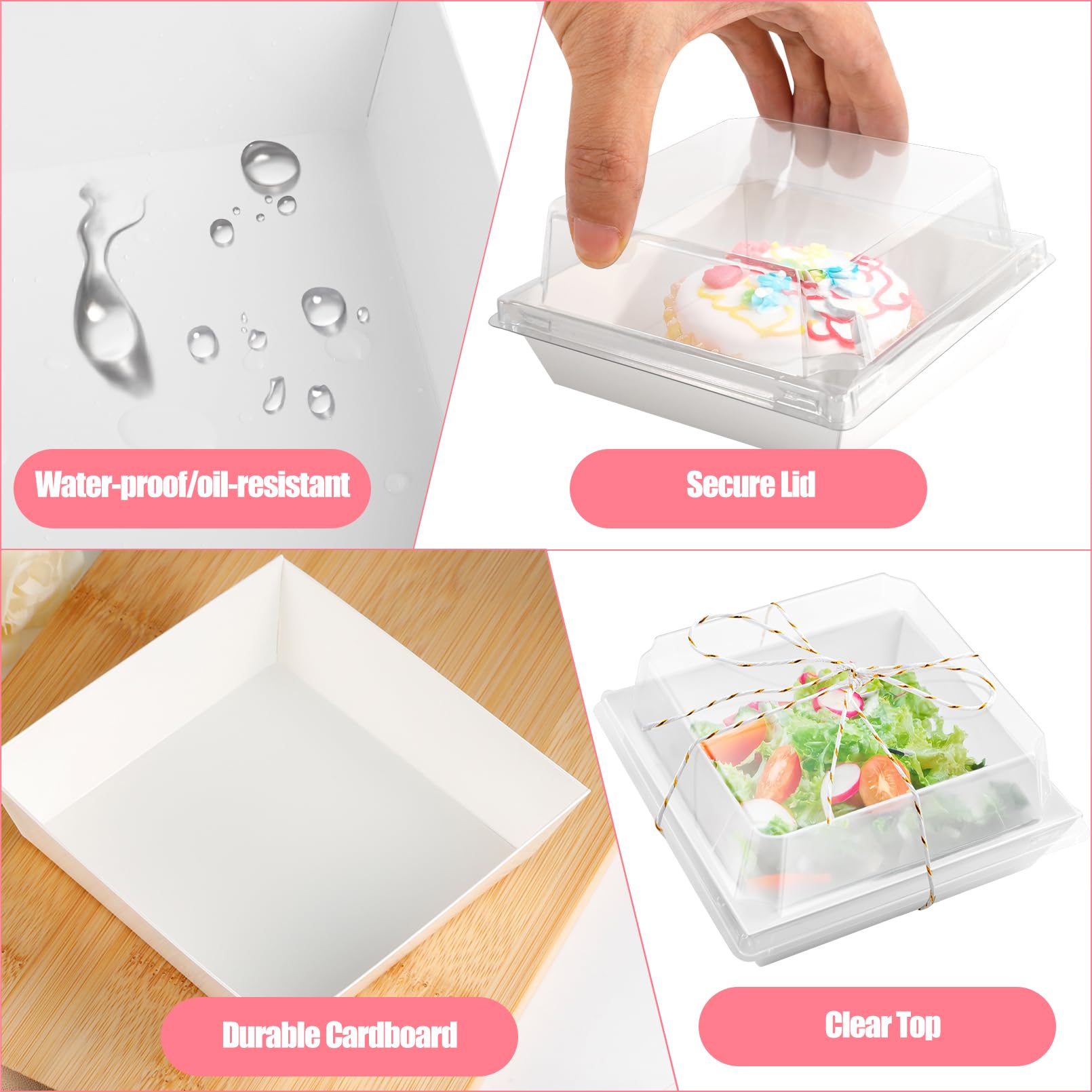 100 Stück Papier Charcuterie Boxen,10x10cm Kuchenschachteln mit Transparentem Deckel, Quadratische To-Go-Lebensmittelbehälter, Wiederverwendbar Dessertboxen für Sandwich Desserts Partys (Weiß)