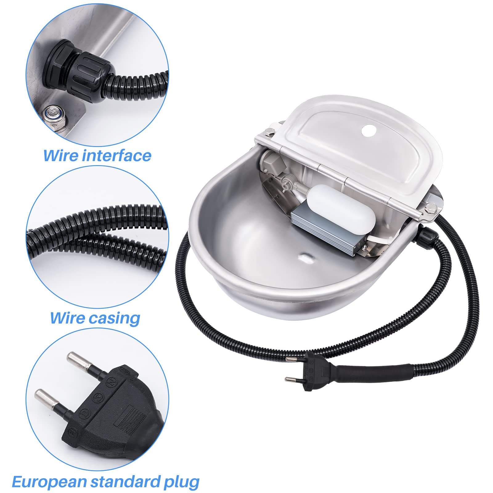 Bebedero Calefactable para Caballos 220V, Bebedero AutomáTico de Acero Inoxidable, Bebedero Congelable,con VáLvula de Flotador Ajustable, Apto para Bebederos de Ganado, Ovejas, Cabras y Perros