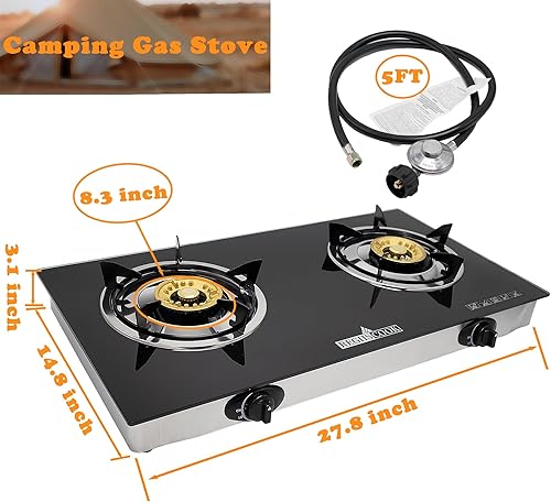 Miniatura 2 de Cocina de gas propano de 2 quemadores, estufa de gas LPG portátil para camping, encimera de vidrio templado de encendido automático con rejilla