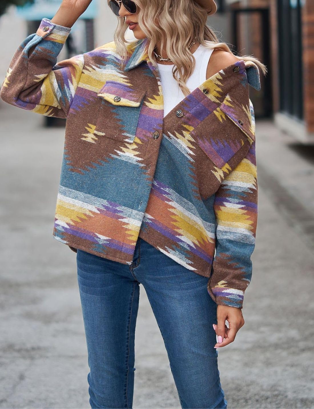 Chevara Women’s Vintage Ethnic Aztec Jacket Long Sleeve Button Up Woolen Shacket Western Jackets - Image 3