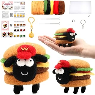 Needle Felting Kits, Needle Felting Beginner Kit, Needle Felting Starter Kit, Complete Needle Felting Tools Kit with Foam Mat Felting Needles Keychain for Adults Beginners(Hamburger Sheep)