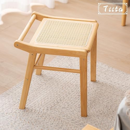 Miniatura 4 de Tiita Taburete de tocador – Taburete de maquillaje cuadrado de ratán, moderno sillón de bambú, taburete otomano rectangular para dormitorio, sala de