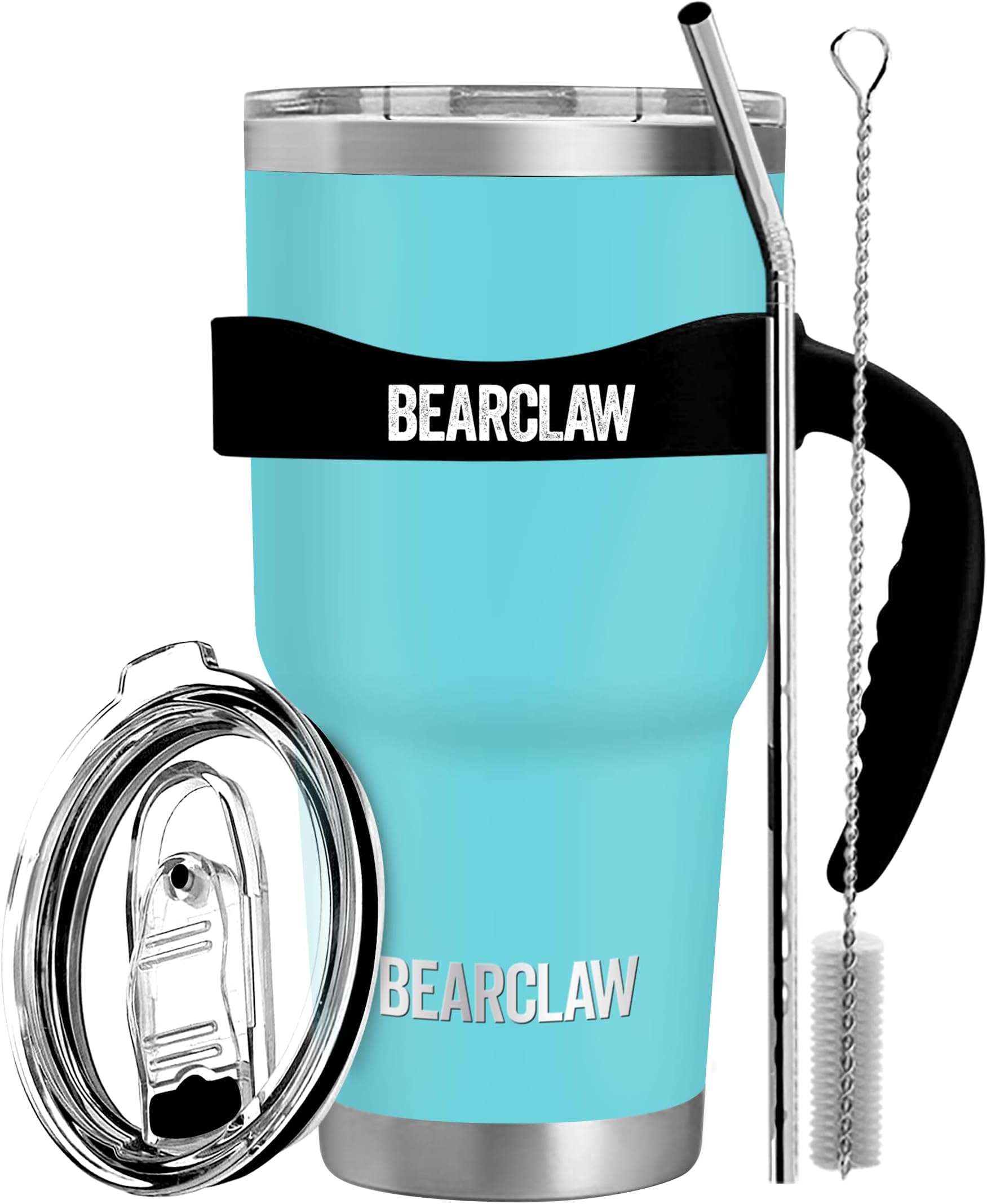 MalloMeBEARCLAW Insulated Tumbler With Handle & Straw - Stainless Steel Tumblers Coffee Travel Mug - Reusable Insulated Cup for Water with Brush, 2 Lids & Straws - Splash-Proof 30 Oz Aquamarine Blue