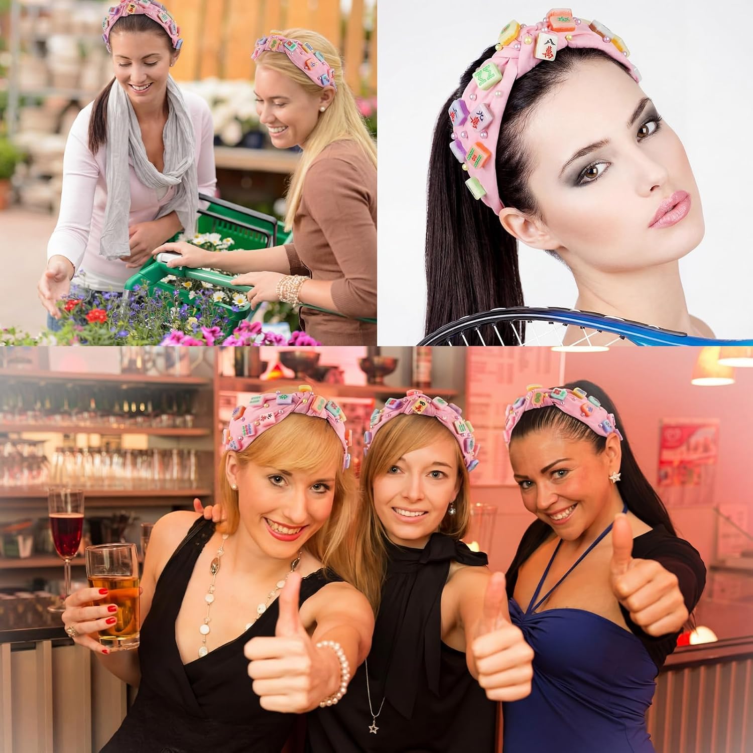 Norme 4 Pcs Mahjong Headbands Mahjong Tiles Knotted Headbands Trendy Wide Mah Jong Knotted Hairbands Colorful Fabric Non Slip Top Hair Accessories Mah Jong Gift for Women Girls, 4 Styles(Embellished)