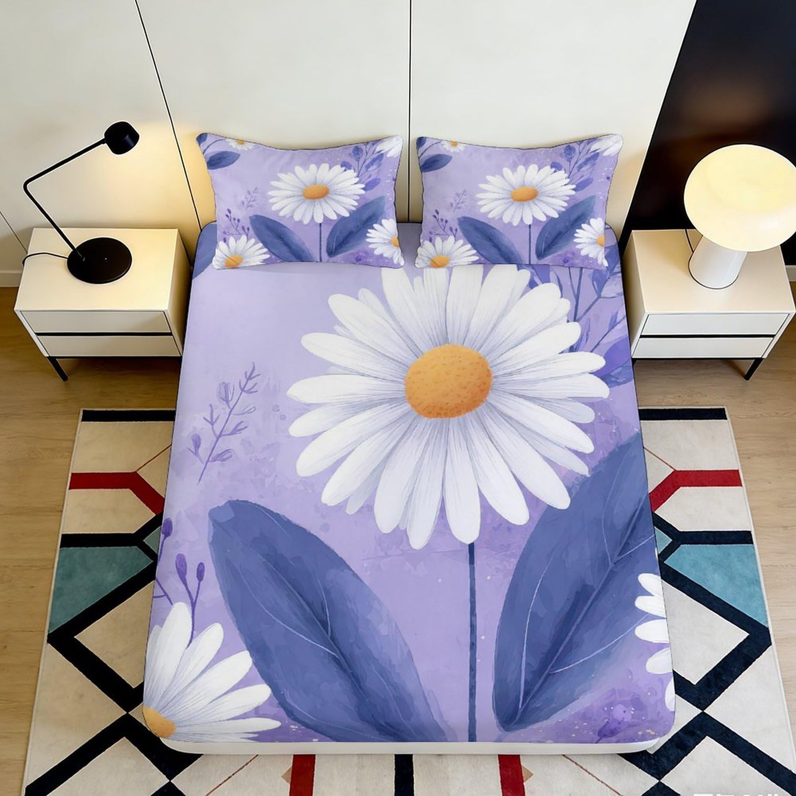 Jqzkxnhpbr Style-3 3D Printed Daisy Blossom Fitted Sheet Microfiber Soft Purple Floral Bed Cover For Bedroom Guestroom Decor 90X200x25cm