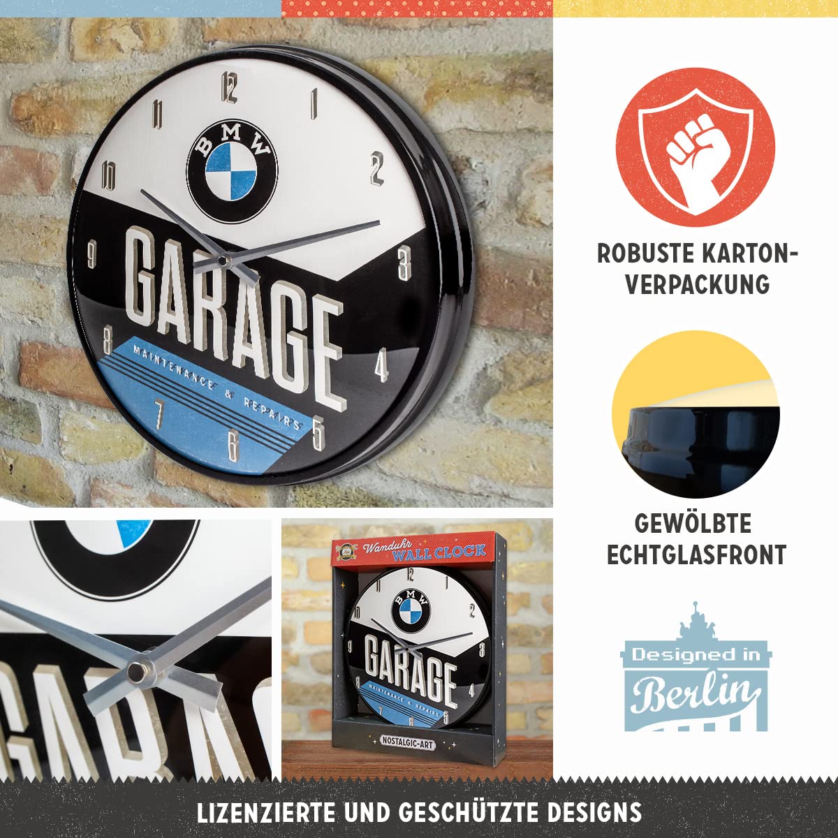 Nostalgic-Art Retro Wall Clock, 12.2", Official License Product (OLP), BMW – Garage – Gift idea for car Accessories Fans, Large Kitchen Decoration, Vintage Design