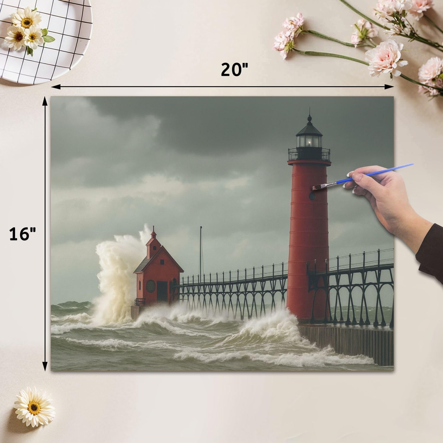 VETEB Paint by Numbers Kit for Adults Beginner Giant Waves red Grand Haven Lighthouse Michigan Lake DIY Painting on Canvas by Numbers Acrylic Oil Painting for Home Decor Gifts 16"x20"