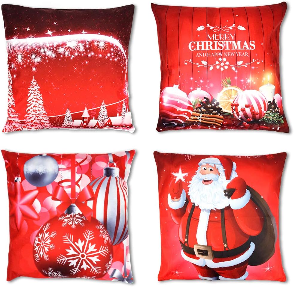 OWUDE Merry Christmas Pillow Covers 4 Pack, Super Soft Plush Cushion Covers Home Decorative Throw Pillow Cases for Living Room Study Bed Sofa, Red,18" x 18" (Red)