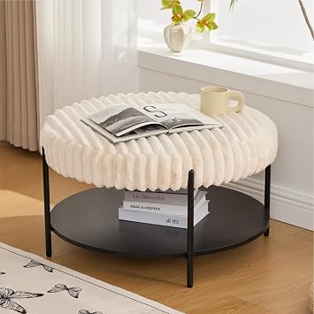Round Ottoman, 30.9" White Furry Corduroy Small Coffee Table 2-Tier Foot Rest with Open Storage for Living Room, Beige.