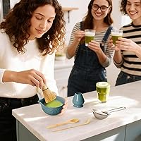 Vista 2 de Kit de juego de batidor de Matcha: Juego de Matcha japonés - Tazón de cerámica, batidor de bambú, Chasen, soporte para cuchara, cuchara medidora